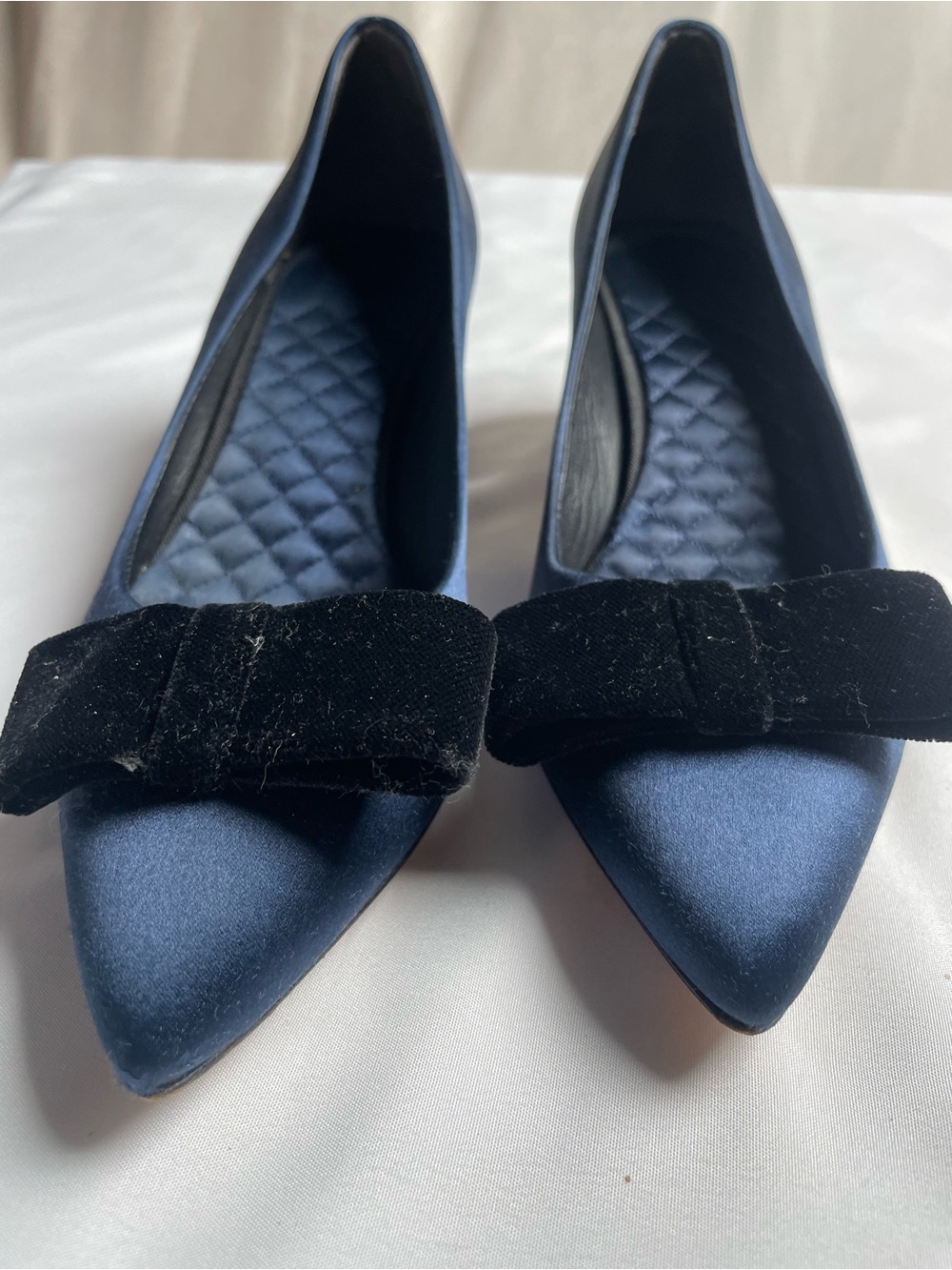 Tory Burch Navy Satin Pointed Flats with Black Velvet Bow
